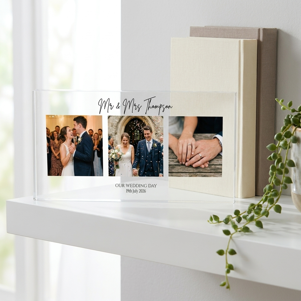 Personalised wedding photo collage clear acrylic block on shelf
