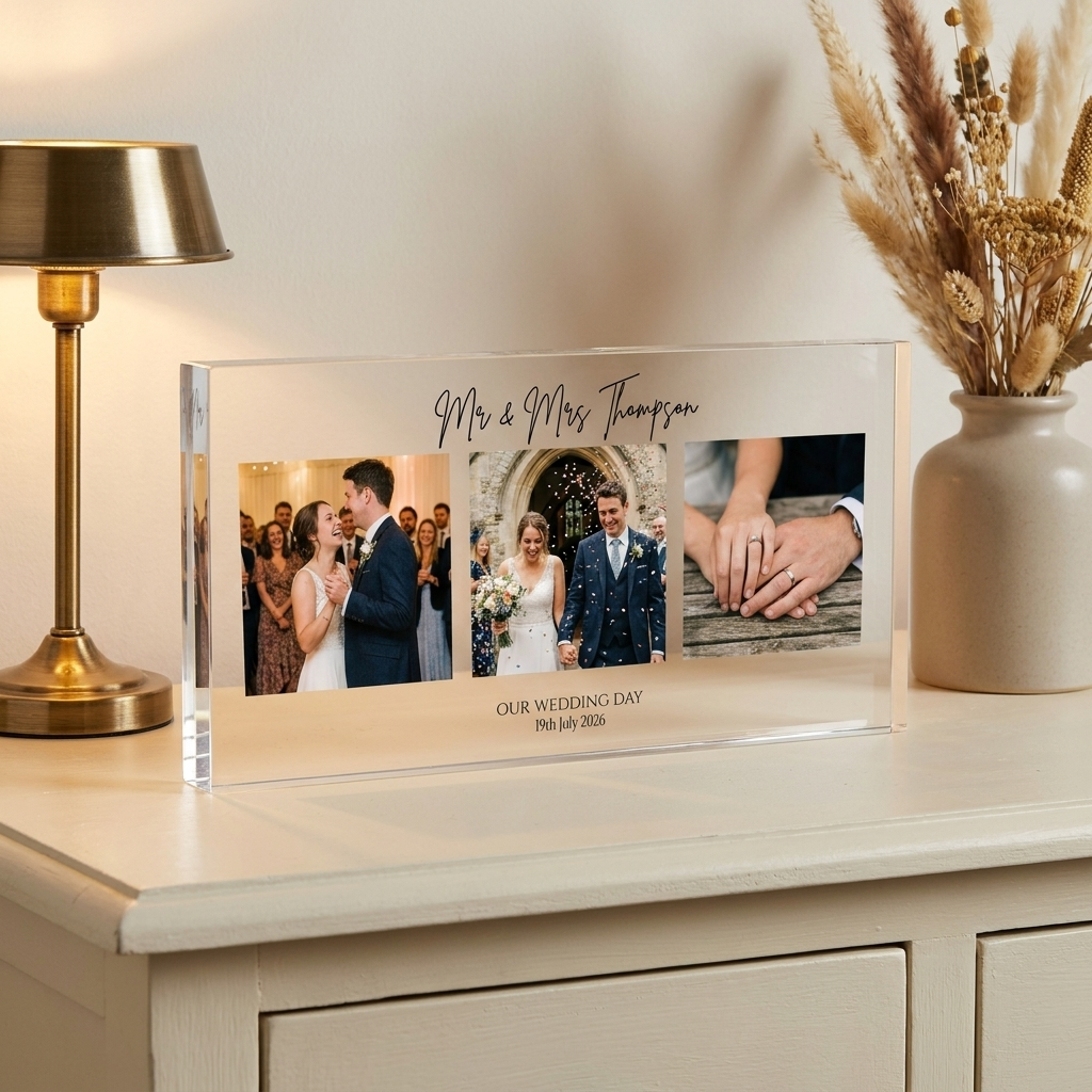 Personalised wedding photo collage acrylic block on console with lamp