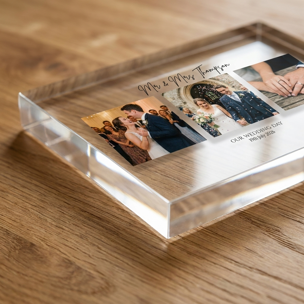 Personalised wedding photo collage clear acrylic block edge detail
