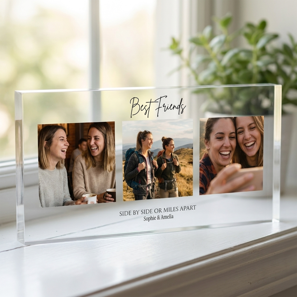 Personalised best friends photo collage clear acrylic block on windowsill