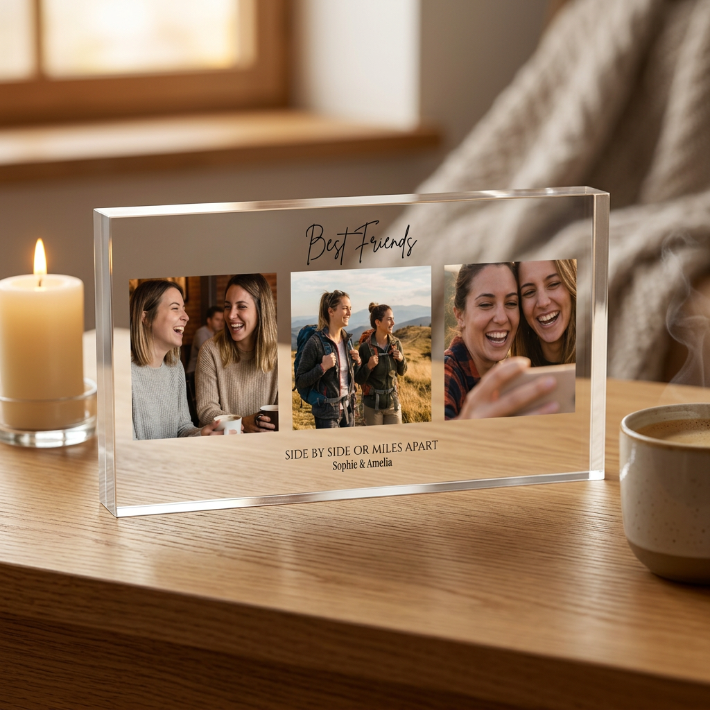 Personalised best friends photo collage acrylic block on desk with candle