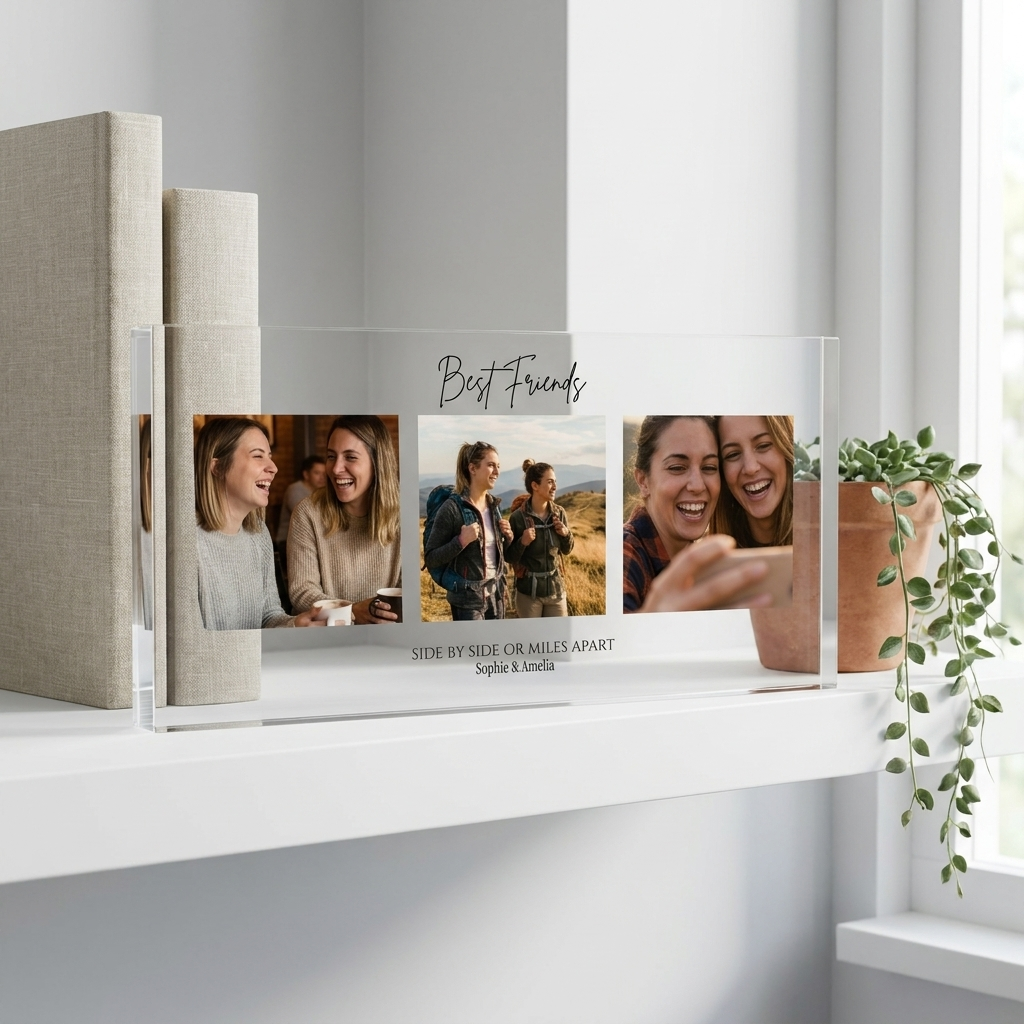 Personalised best friends photo collage clear acrylic block on shelf