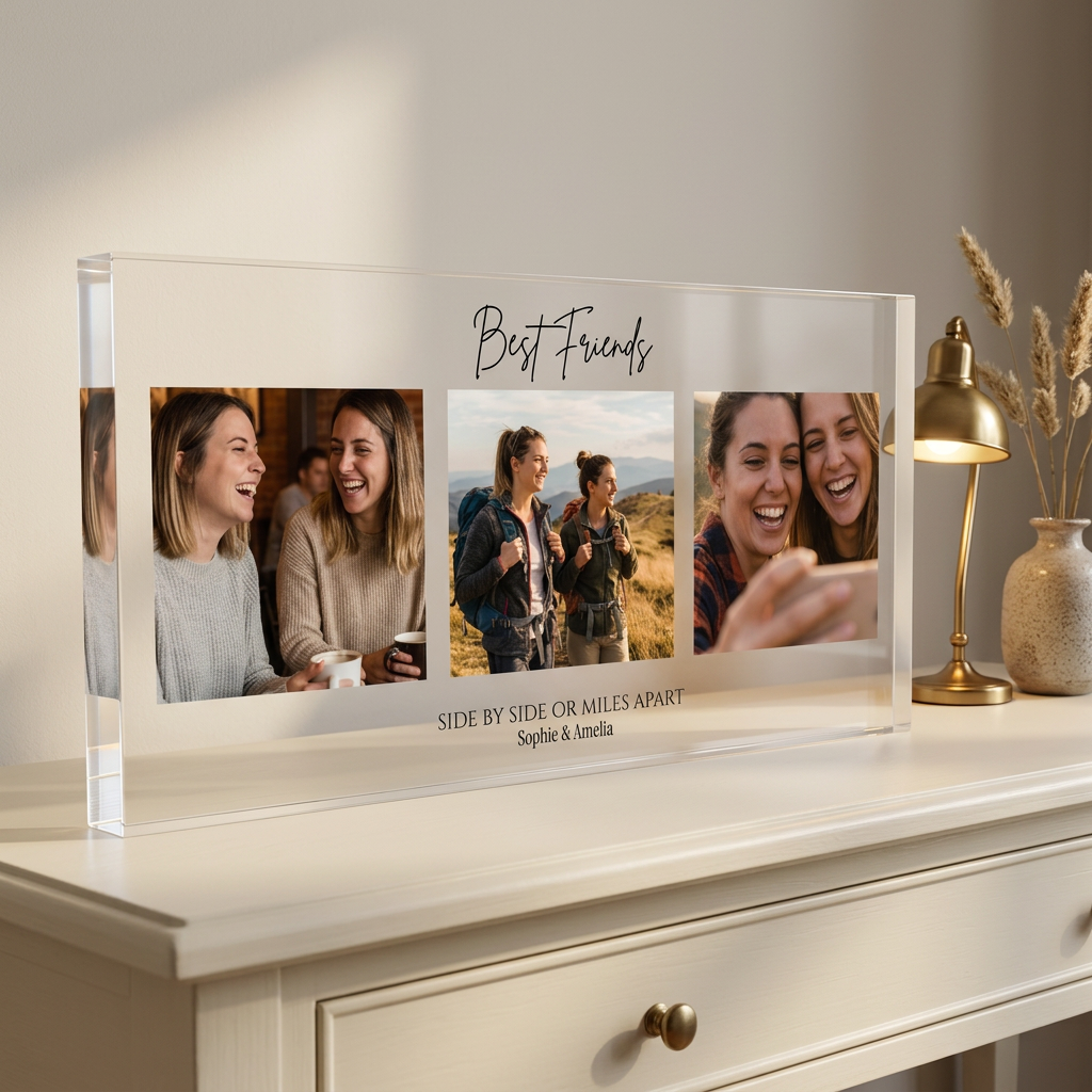 Personalised best friends photo collage acrylic block on console with lamp