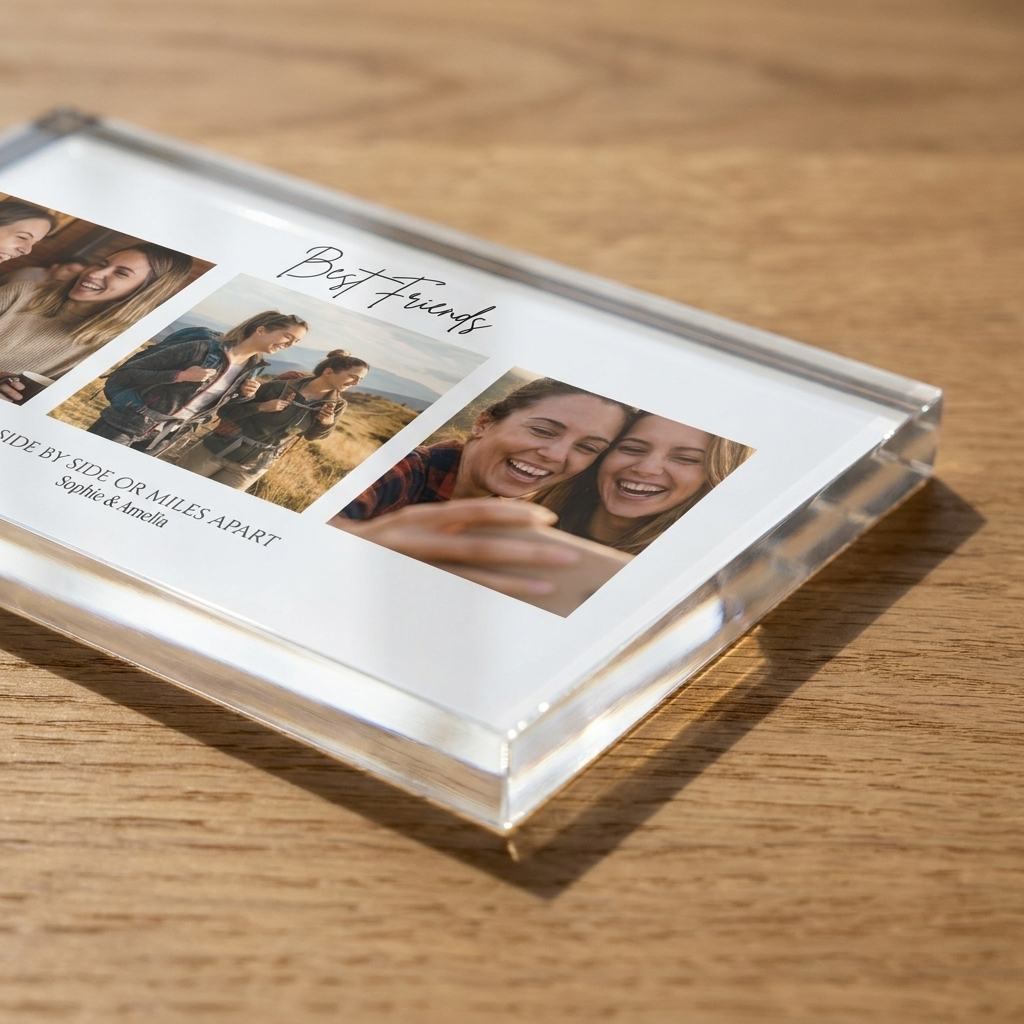 Personalised best friends photo collage clear acrylic block edge detail