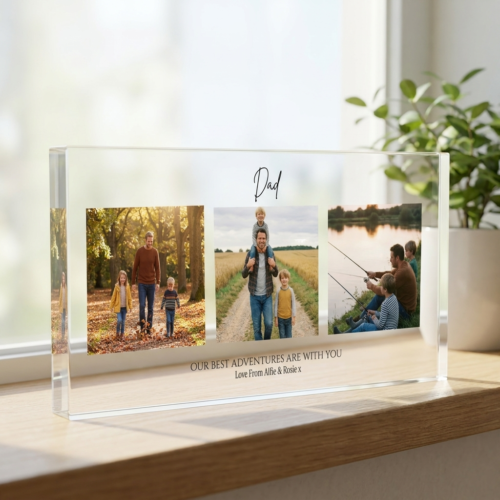 Personalised Dad photo collage clear acrylic block on windowsill