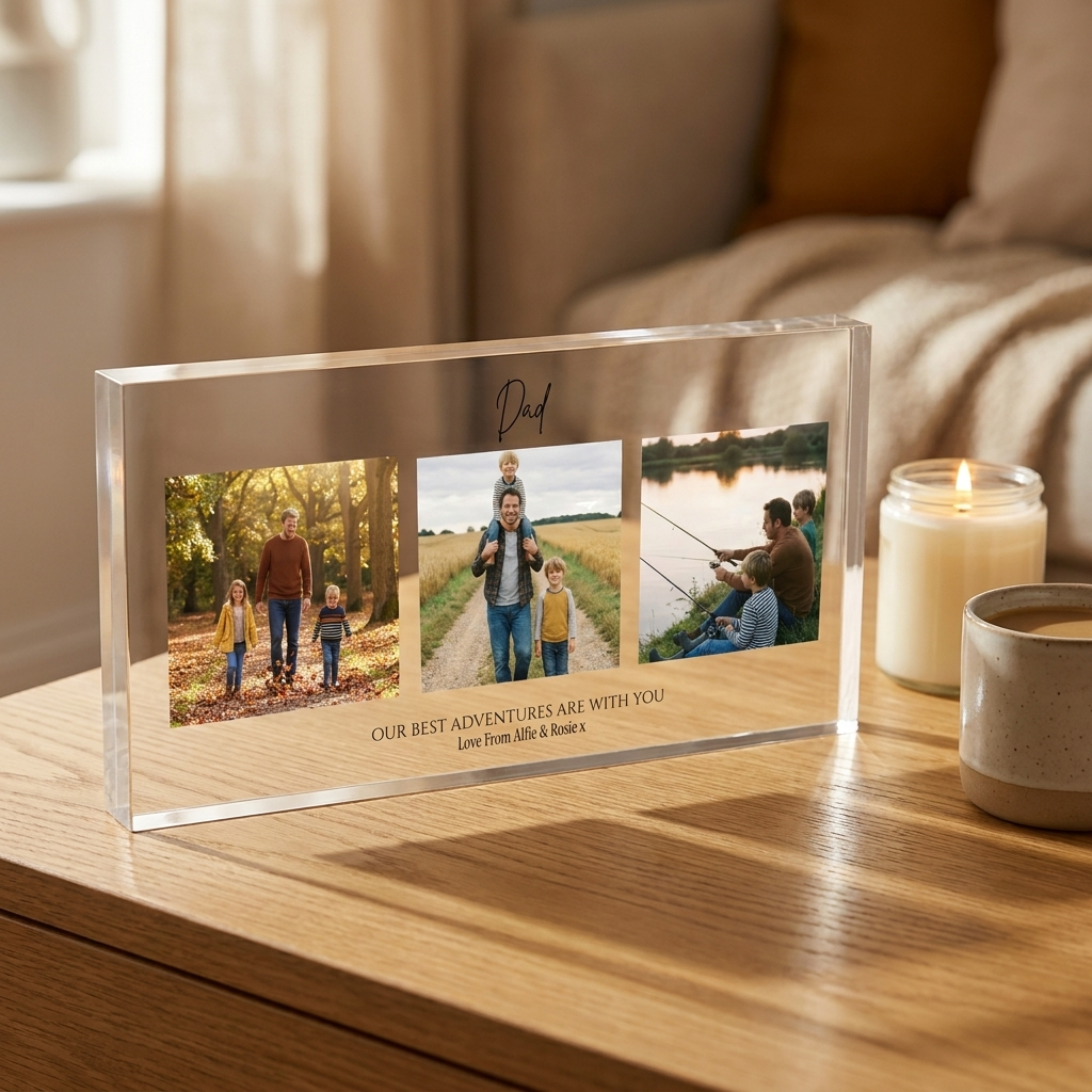 Personalised Dad photo collage acrylic block on desk with candle