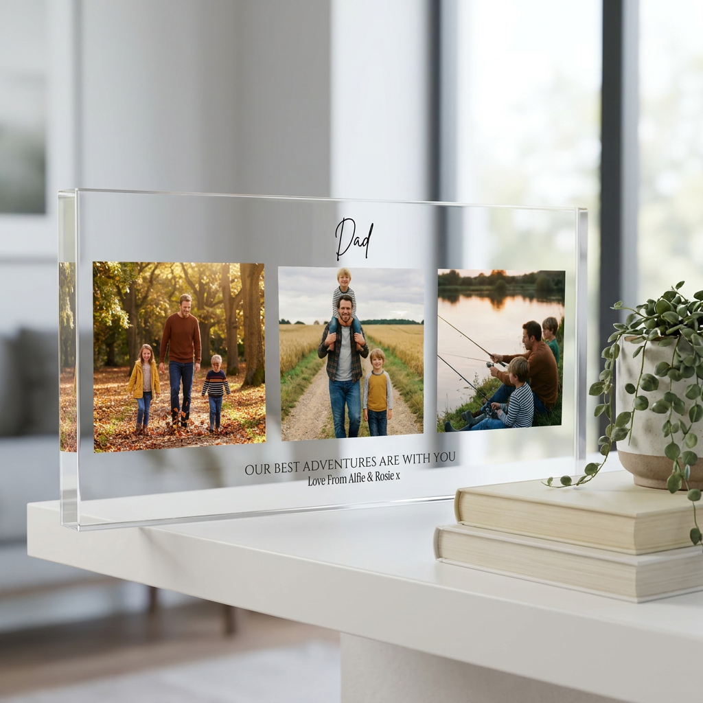 Personalised Dad photo collage clear acrylic block on shelf