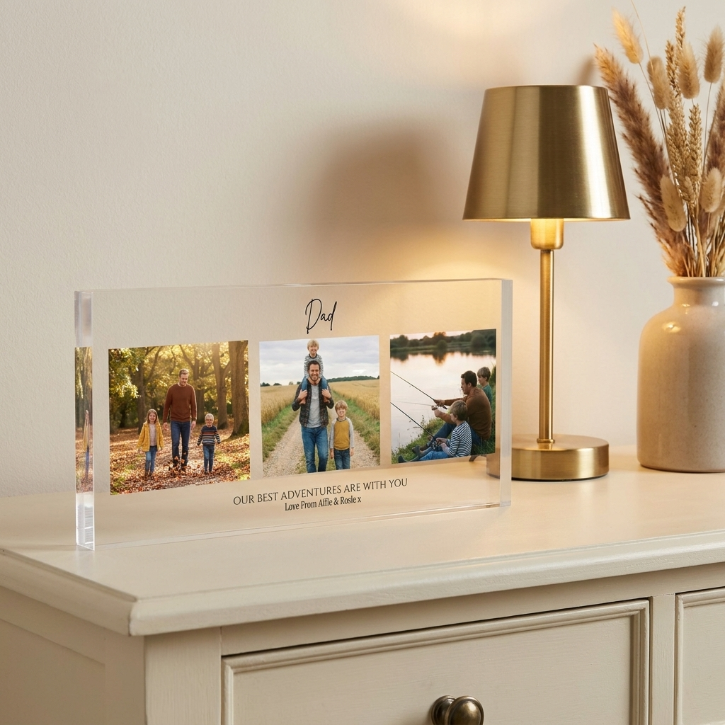 Personalised Dad photo collage acrylic block on console with lamp