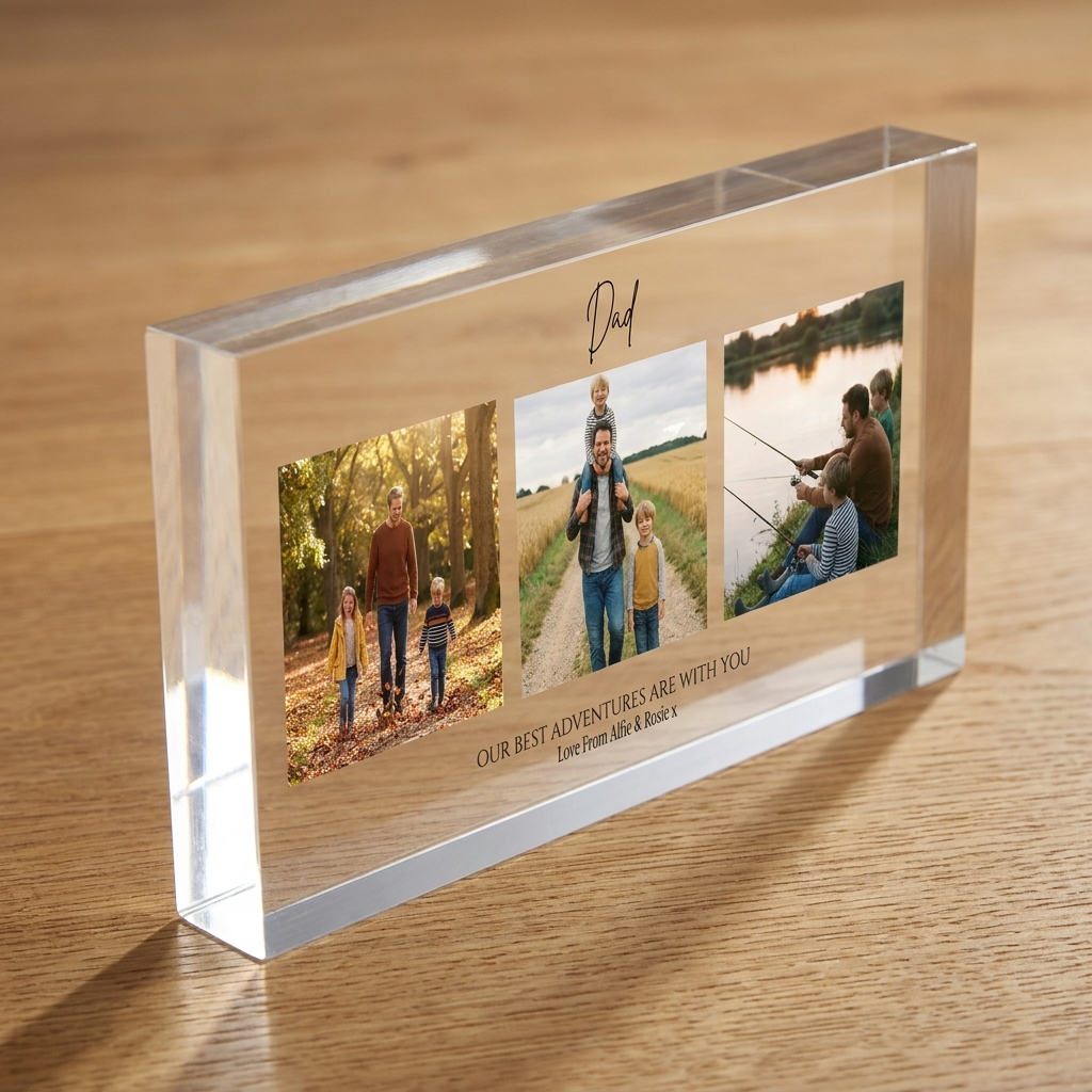 Personalised Dad photo collage clear acrylic block edge detail