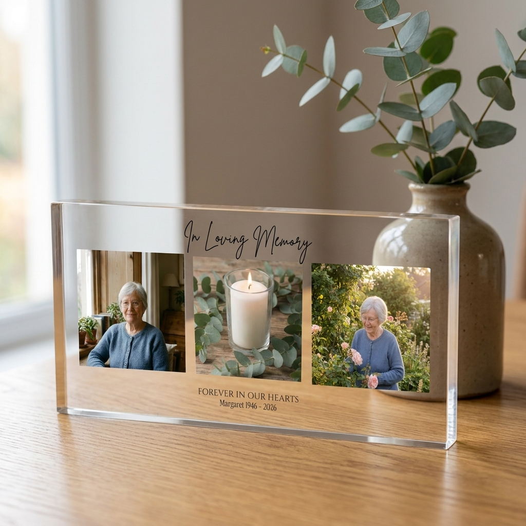 Personalised memorial photo collage clear acrylic block on oak table