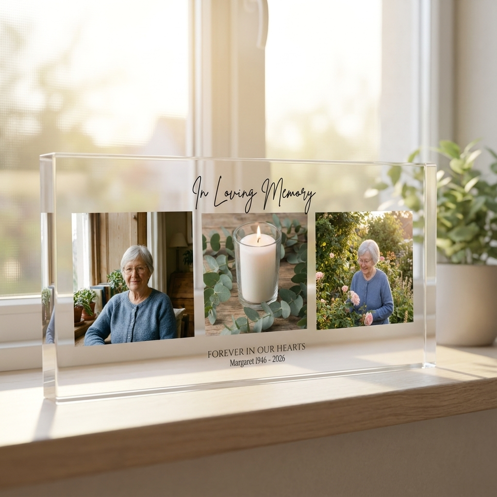 Personalised memorial photo collage clear acrylic block on windowsill