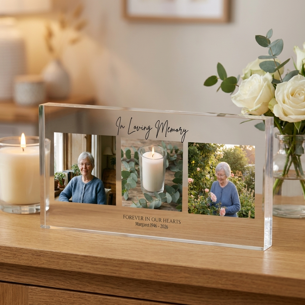 Personalised memorial photo collage acrylic block with candle and white roses