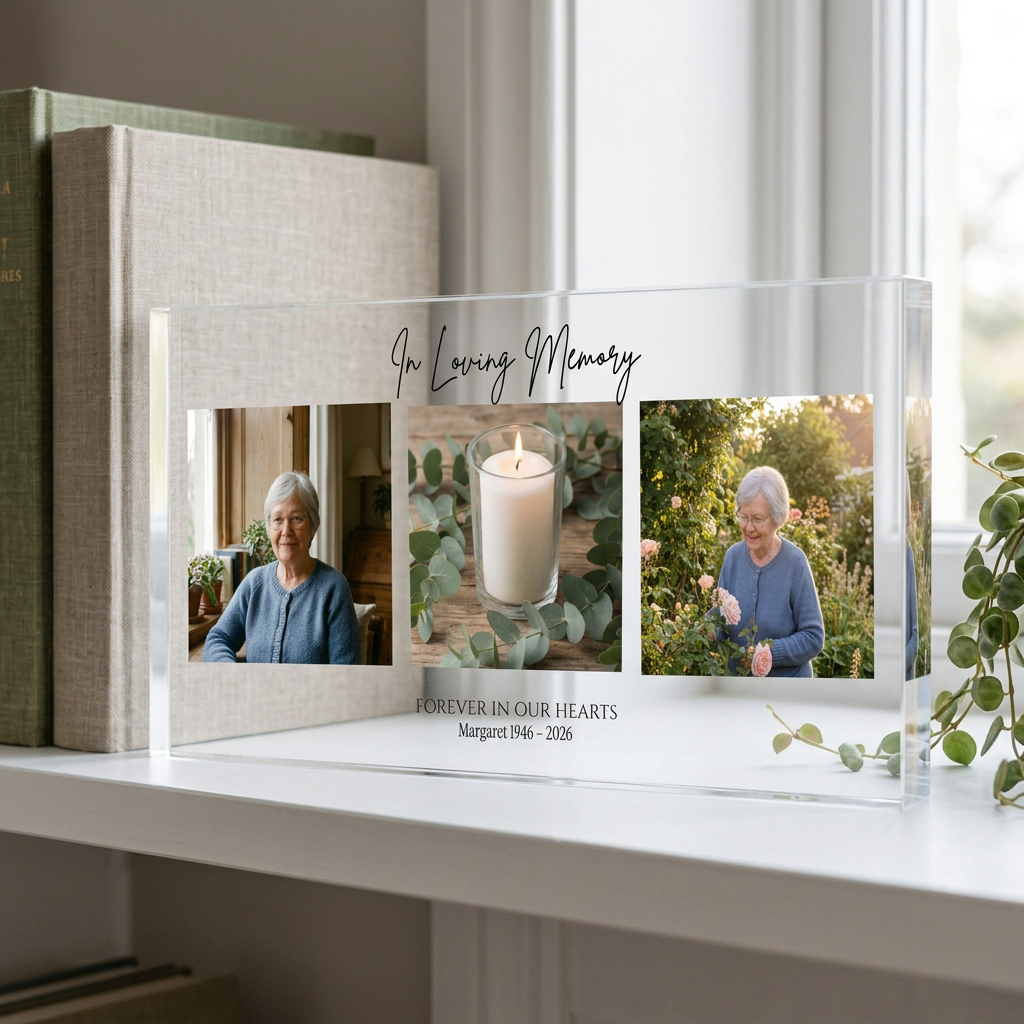 Personalised memorial photo collage clear acrylic block on shelf