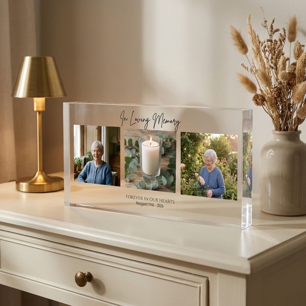 Personalised memorial photo collage acrylic block on console with lamp