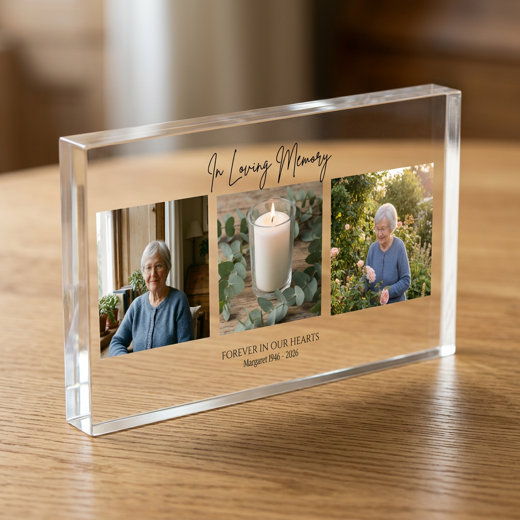 Personalised memorial photo collage clear acrylic block edge detail