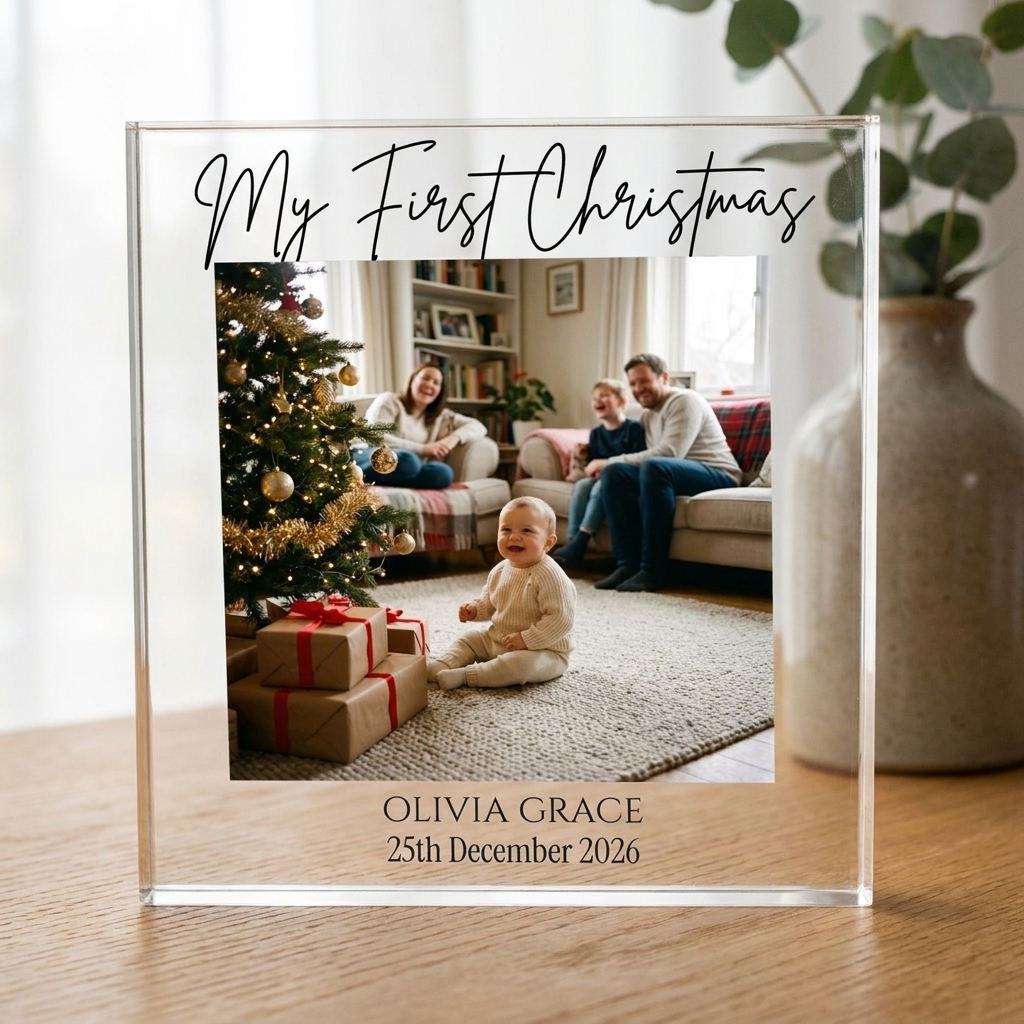 Personalised baby's first Christmas clear acrylic photo block on oak table
