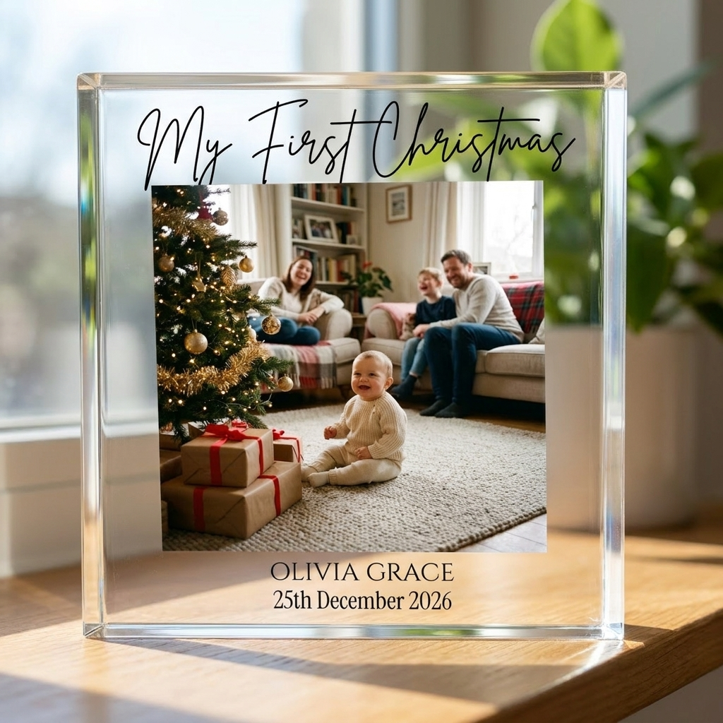 Personalised baby's first Christmas clear acrylic block on windowsill