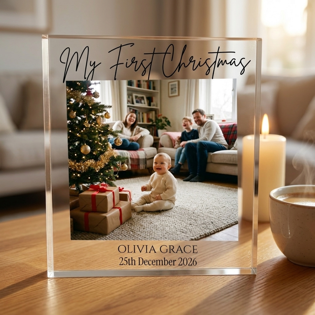 Personalised baby's first Christmas acrylic block on desk with candle