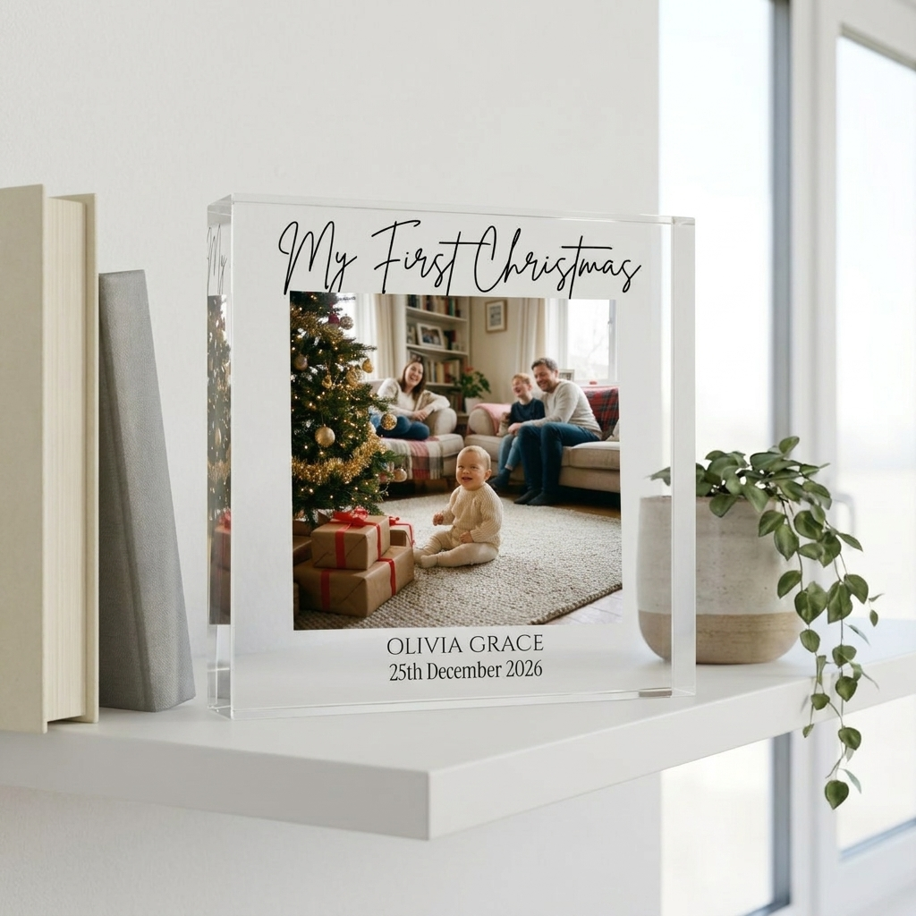 Personalised baby's first Christmas clear acrylic block on shelf