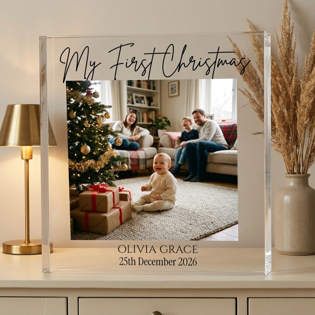 Personalised baby's first Christmas acrylic block on console with lamp