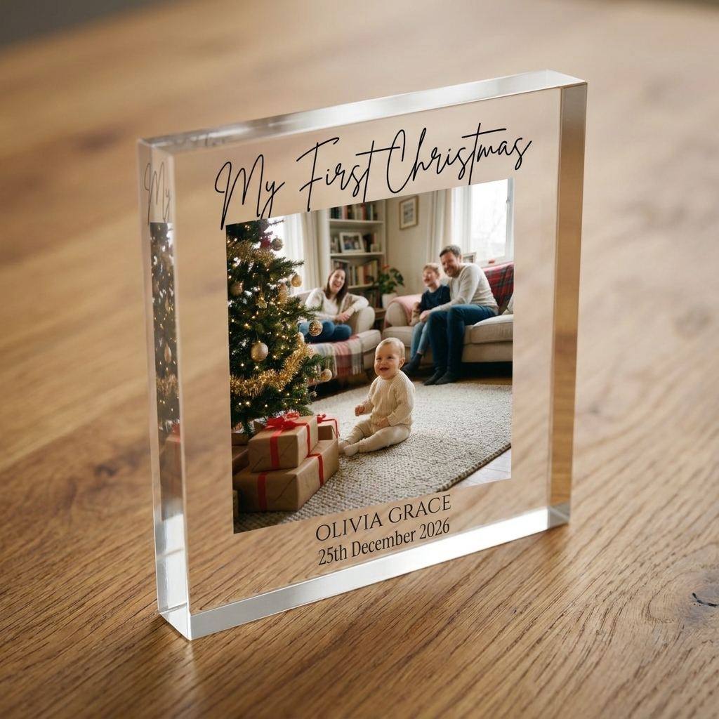 Personalised baby's first Christmas clear acrylic block edge detail