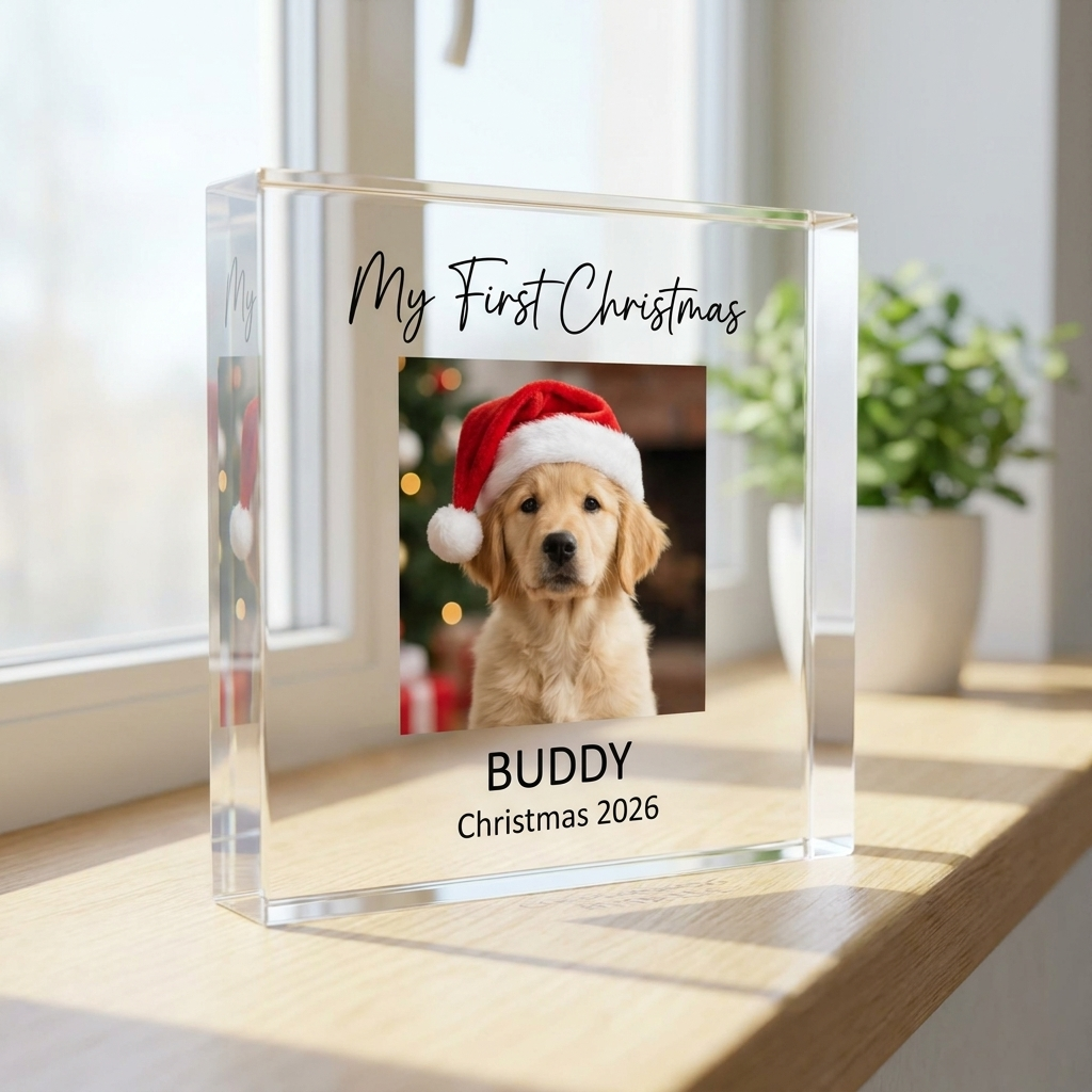 Personalised dog's first Christmas clear acrylic block on windowsill