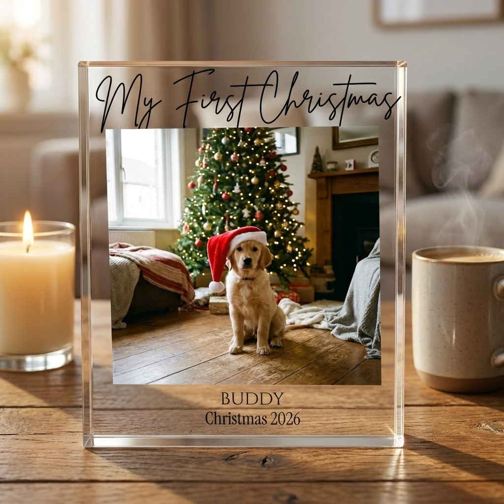 Personalised dog's first Christmas acrylic block on desk with candle