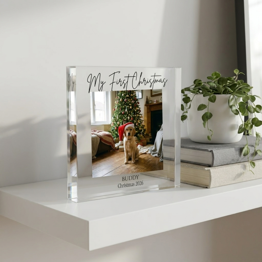 Personalised dog's first Christmas clear acrylic block on shelf