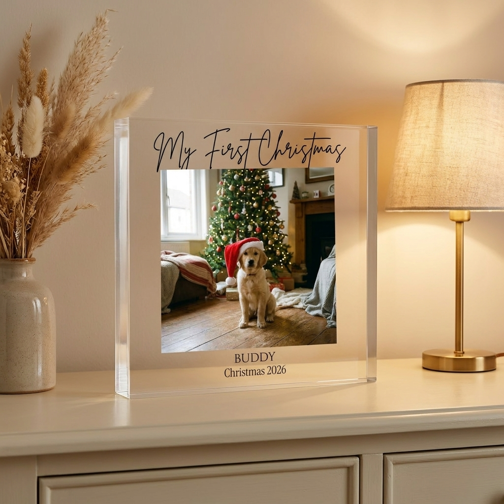 Personalised dog's first Christmas acrylic block on console with lamp