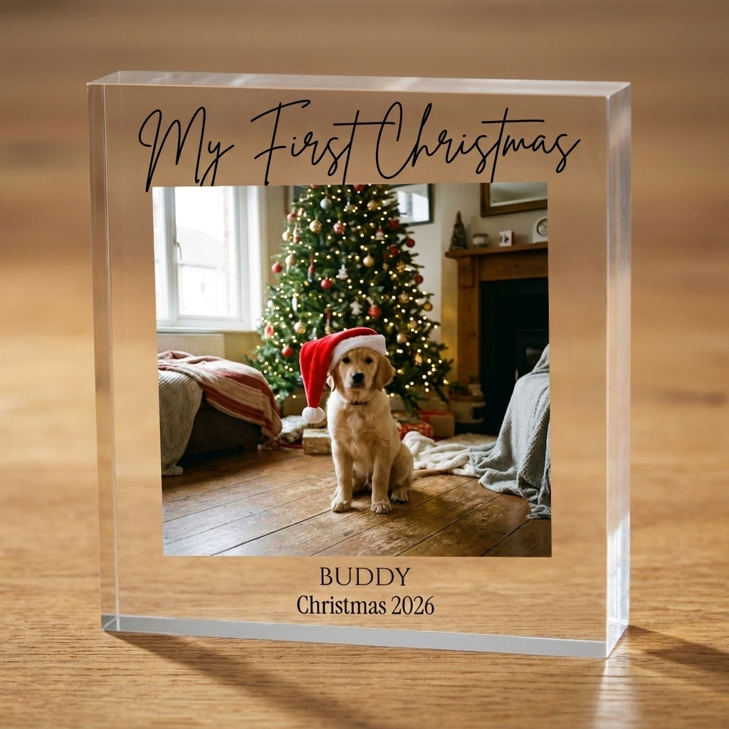 Personalised dog's first Christmas clear acrylic block edge detail