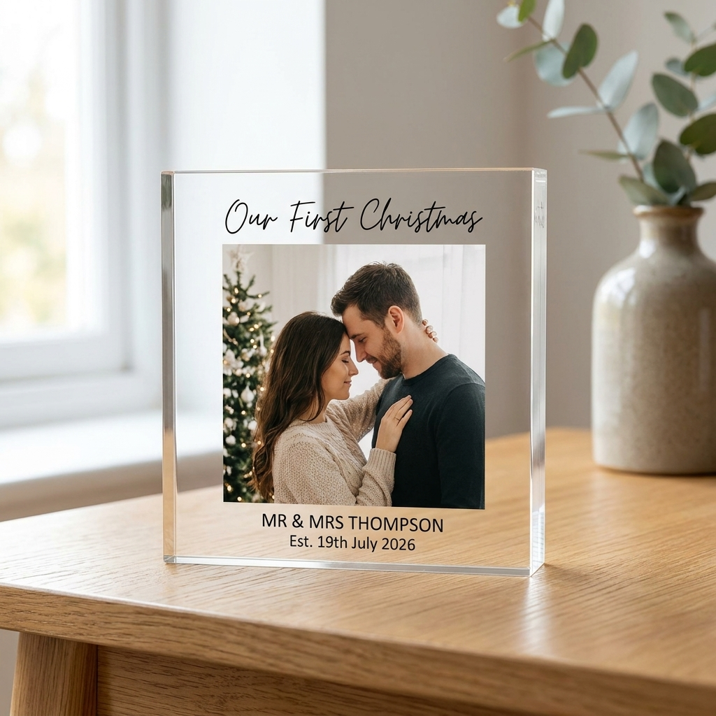 Personalised first Christmas Mr and Mrs clear acrylic photo block on oak table