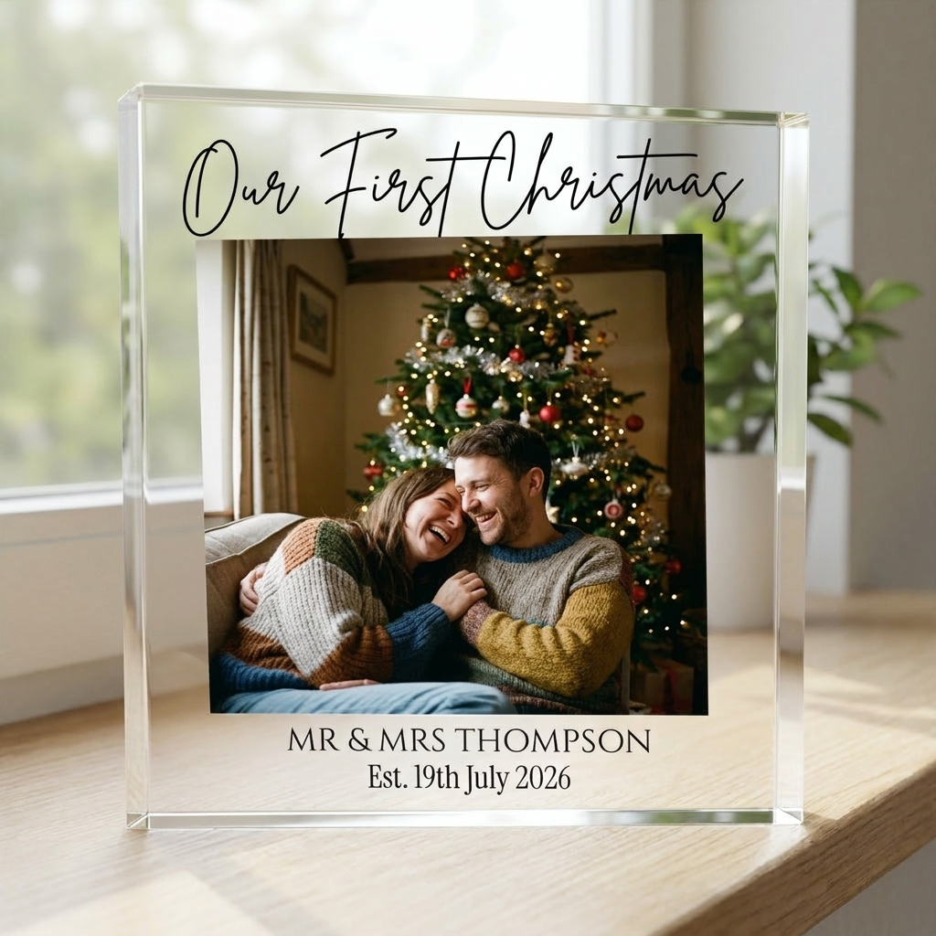 Personalised first Christmas Mr and Mrs clear acrylic block on windowsill