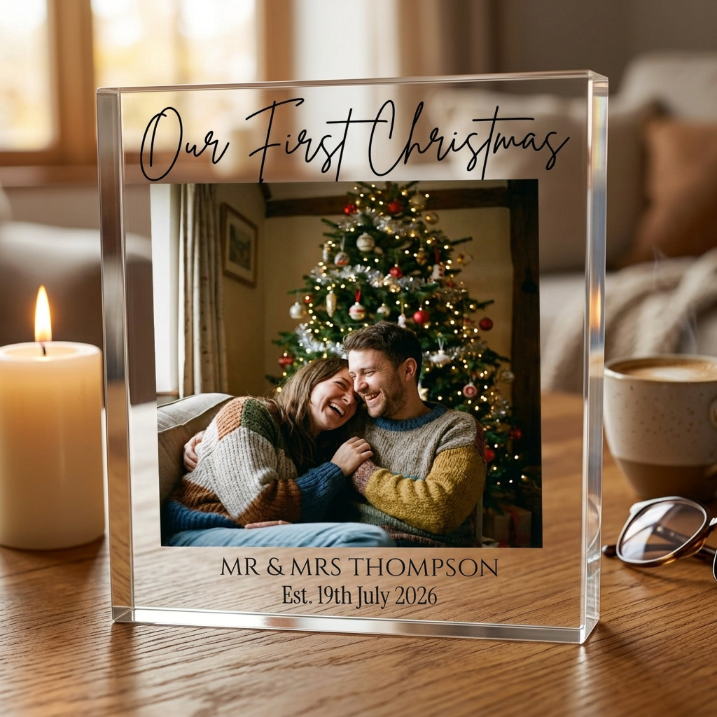 Personalised first Christmas Mr and Mrs acrylic block on desk with candle