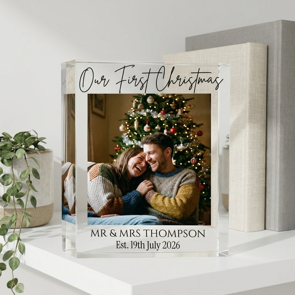 Personalised first Christmas Mr and Mrs clear acrylic block on shelf