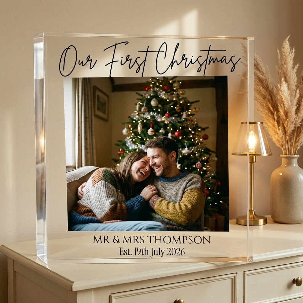 Personalised first Christmas Mr and Mrs acrylic block on console with lamp