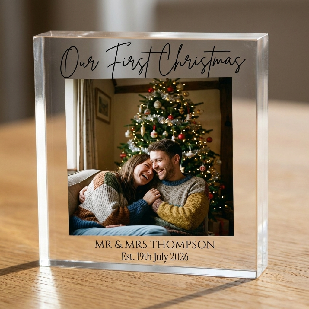 Personalised first Christmas Mr and Mrs clear acrylic block edge detail