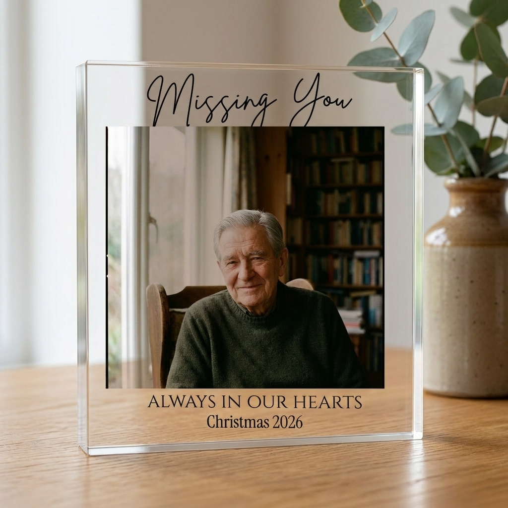 Personalised Christmas memorial photo acrylic block on oak table