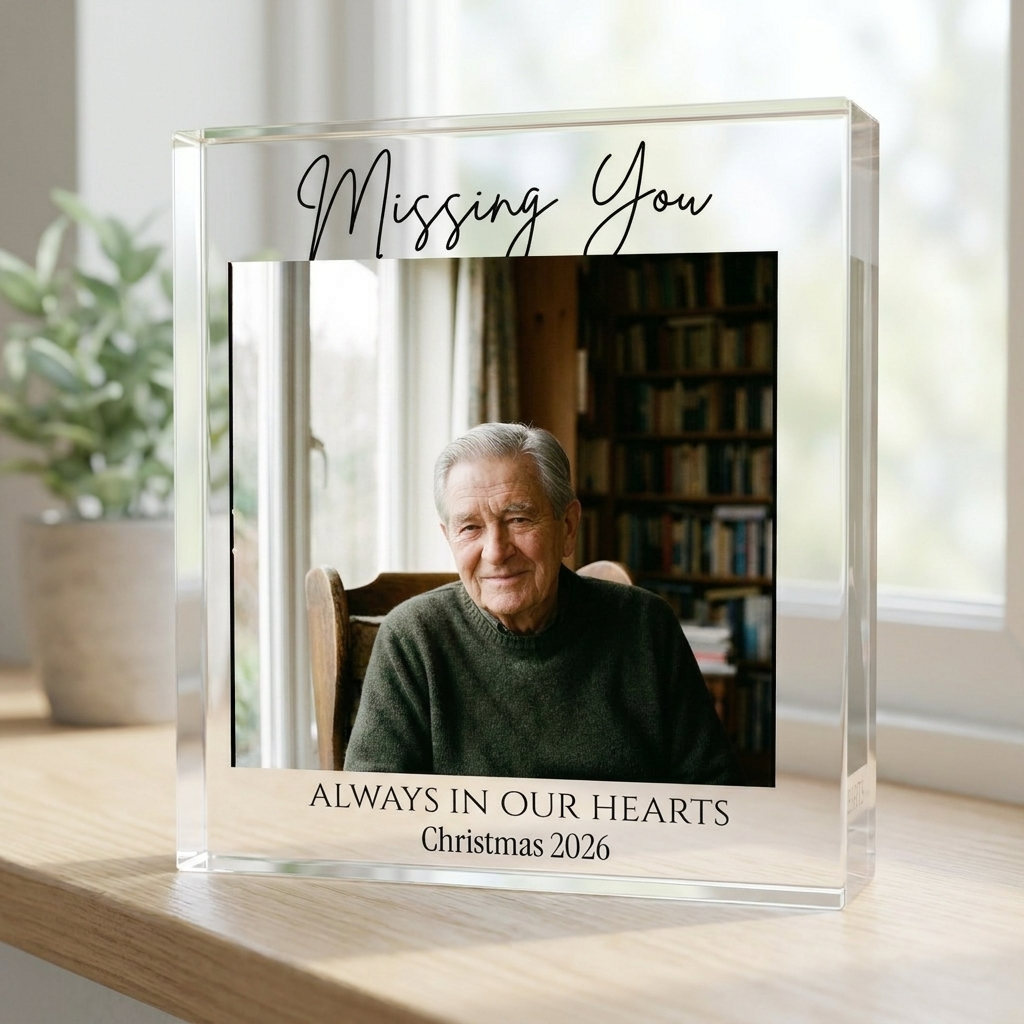 Personalised Christmas memorial photo acrylic block on windowsill