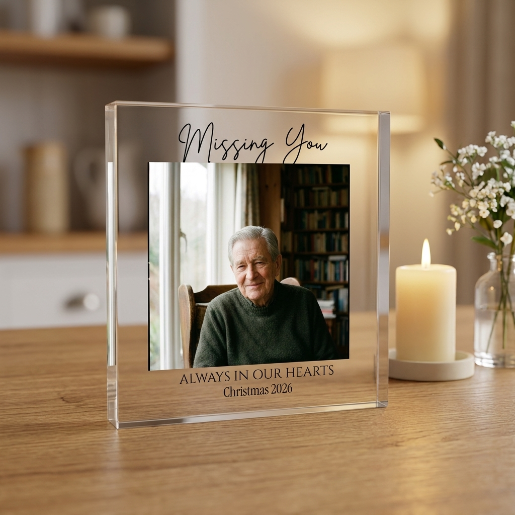 Personalised Christmas memorial photo acrylic block with candle