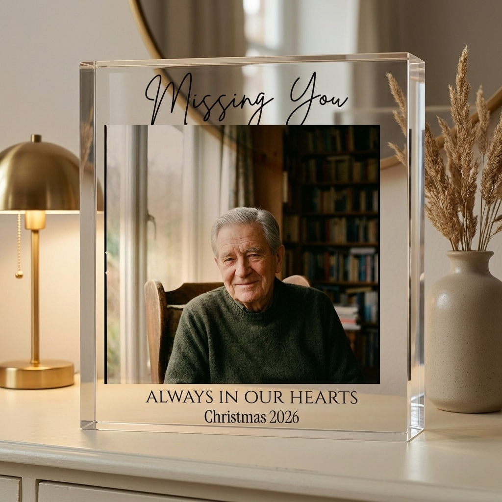 Personalised Christmas memorial photo acrylic block on console with lamp