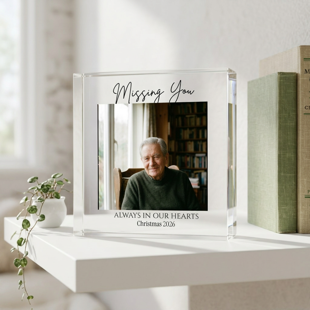 Personalised Christmas memorial photo acrylic block on shelf
