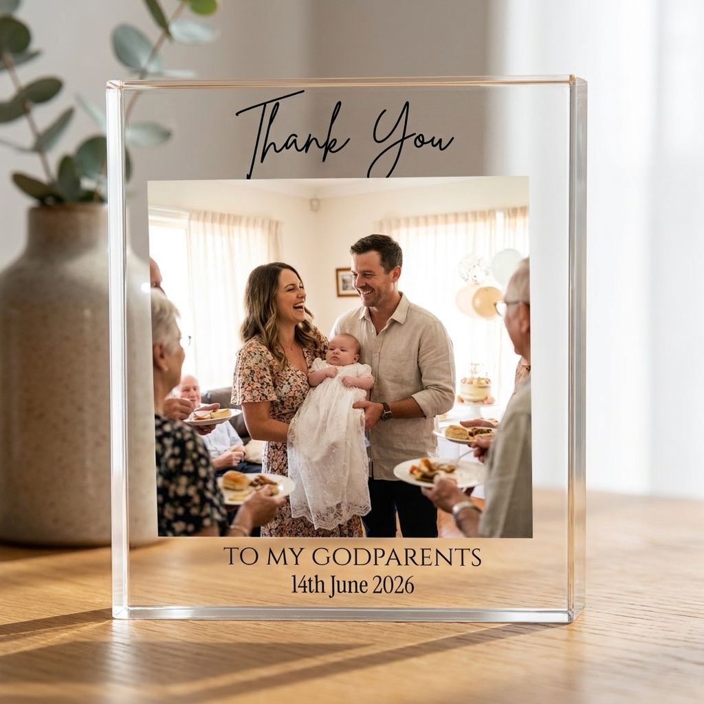 Personalised Godparents Thank You clear acrylic photo block on oak table