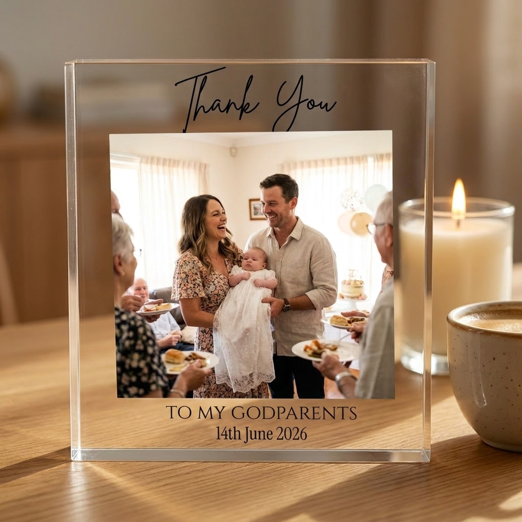 Godparents Thank You acrylic block on desk with candle