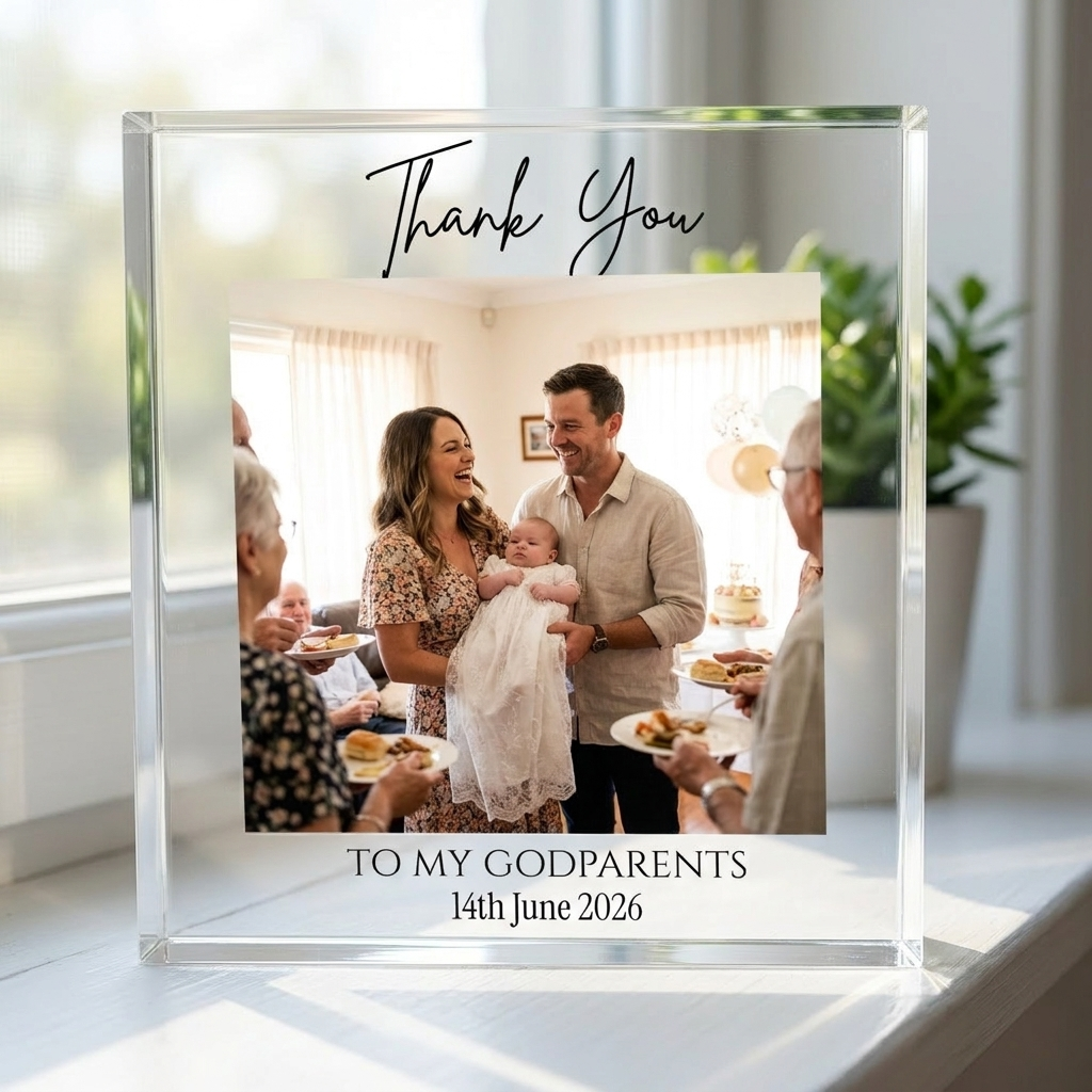 Godparents Thank You acrylic block on windowsill