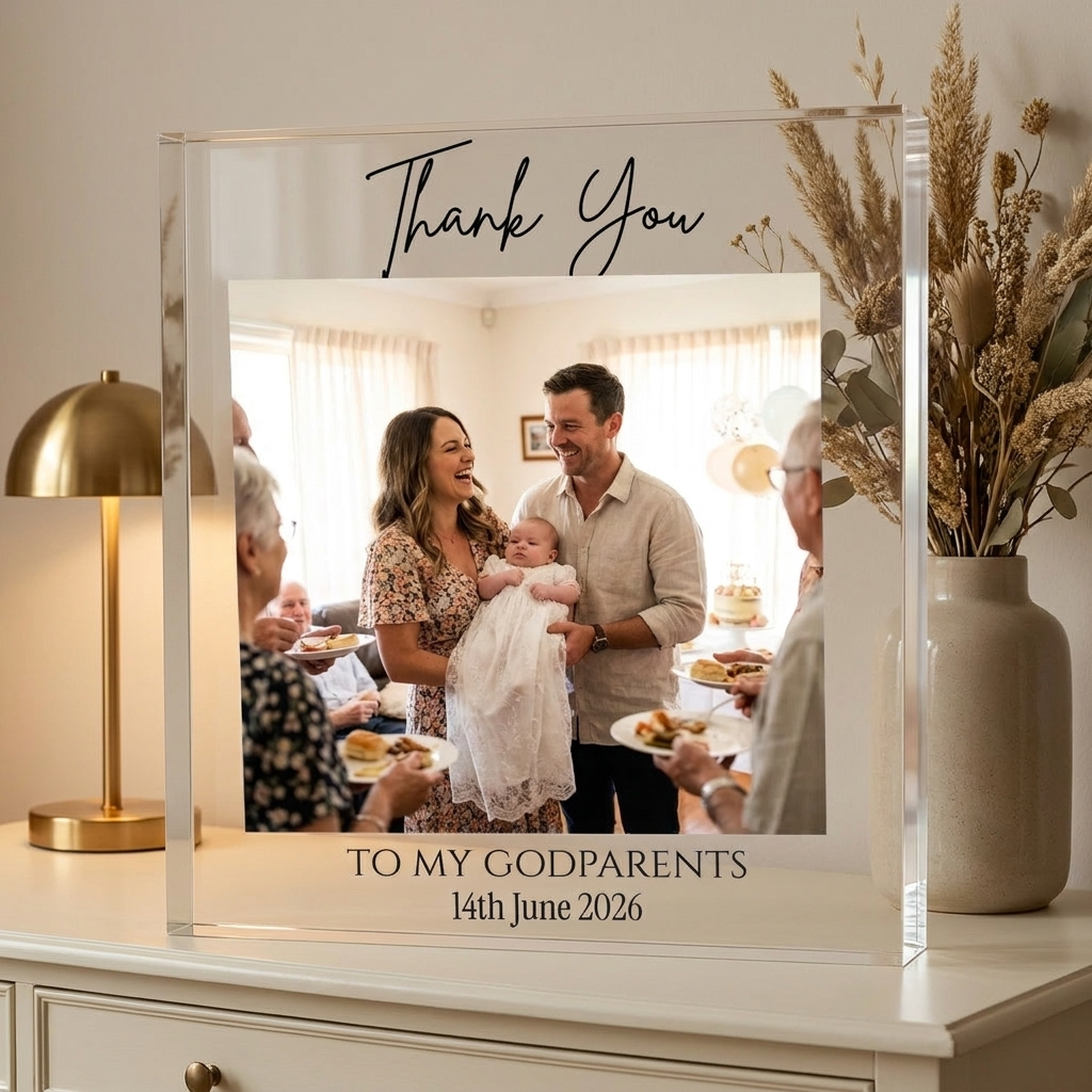 Godparents Thank You acrylic block on console table