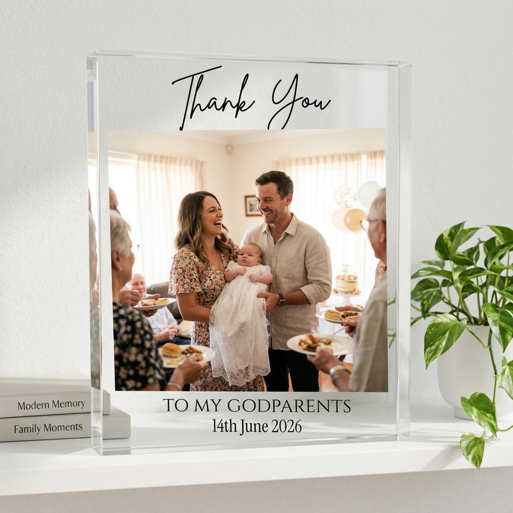 Godparents Thank You acrylic block on white shelf