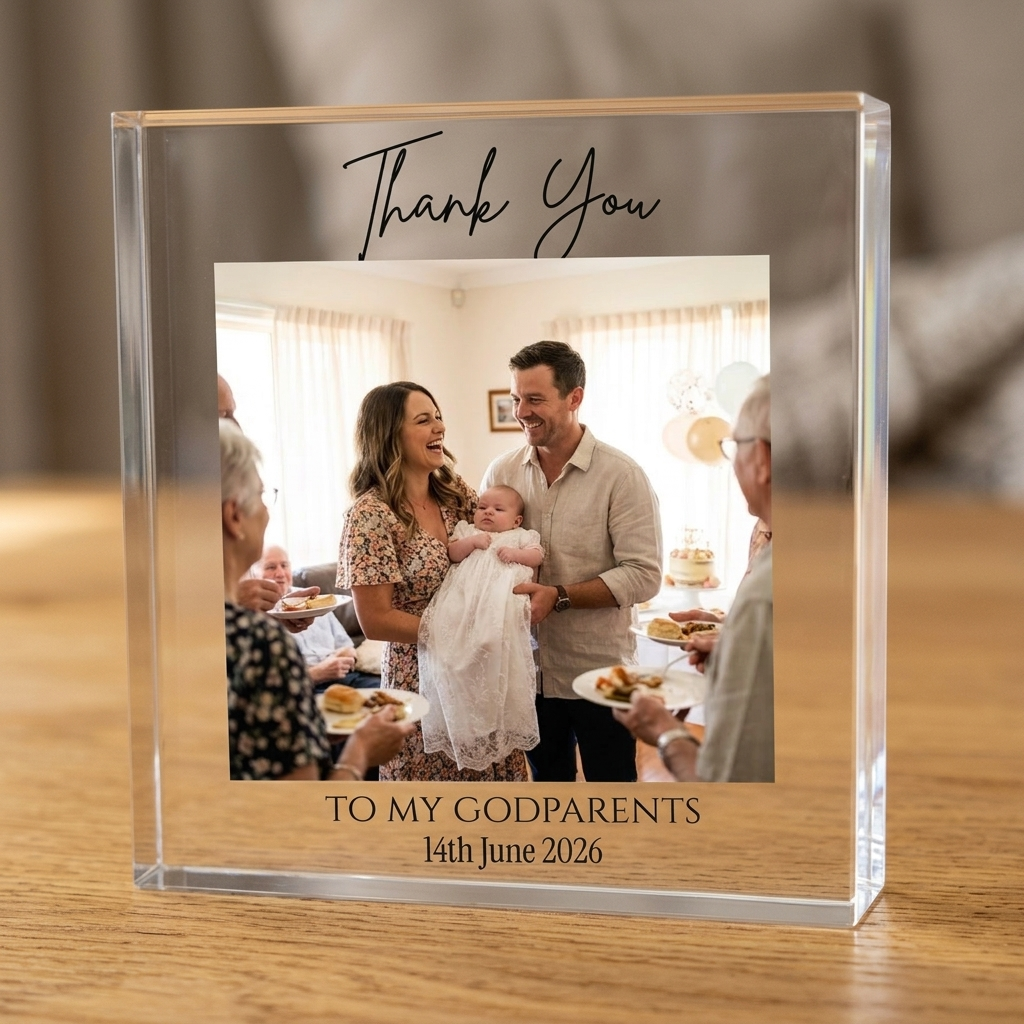Close-up of Godparents Thank You clear acrylic photo block