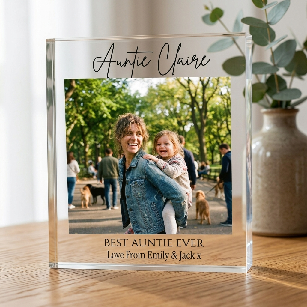 Personalised Auntie clear acrylic photo block on oak table