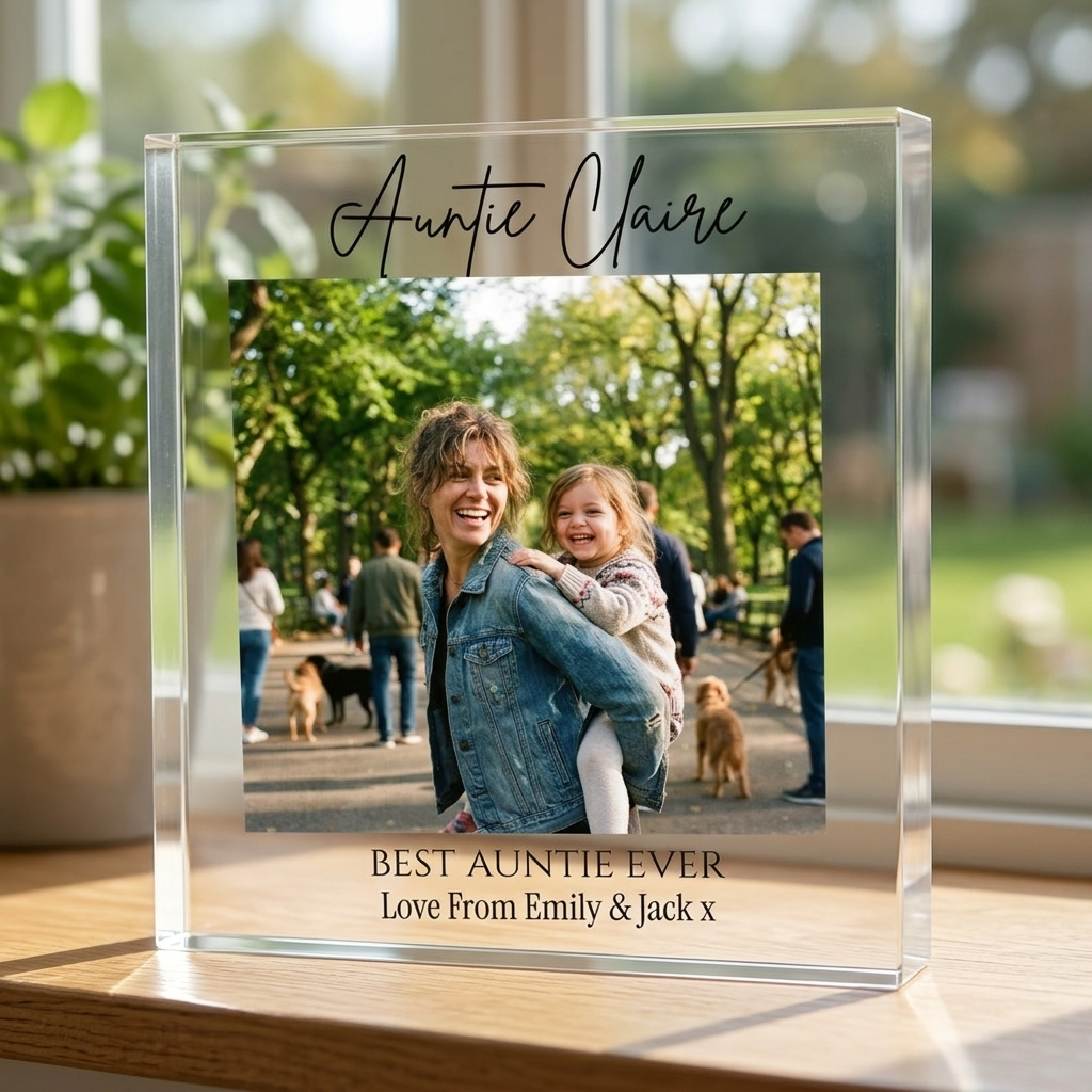 Auntie acrylic photo block on windowsill