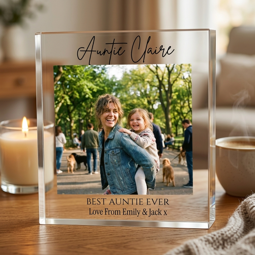 Auntie acrylic photo block on desk with candle